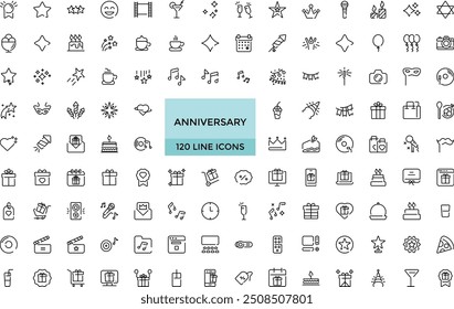 Anniversary and party line icons collection. Big UI icon set. Thin outline icons pack. Vector illustration