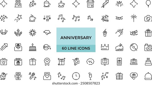 Anniversary and party line icons collection. Big UI icon set. Thin outline icons pack. Vector illustration