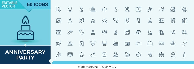 Anniversary Party line web icon set. Includes thin line celebration, banquet, balloon, balloons, appreciate and more. Set of line pictogram. Editable vector stroke.