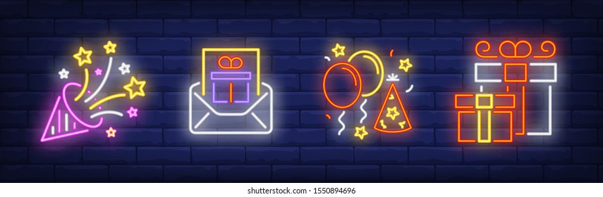 Anniversary party neon sign set. Birthday cap, confetti, gifts, air balloons. Vector illustration in neon style, bright banner for topics like celebration, surprise, having fun