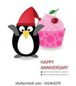 Anniversary. Penguin and cupcake on white background.