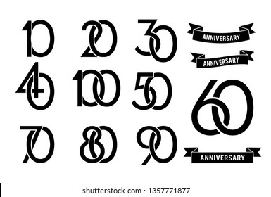 anniversary pictogram icon. Flat design. 10, 20, 30, 40, 50, 60, 70, 80, 90, years birthday  label, black and white stamp. Vector illustration. Isolated on white background - Vector