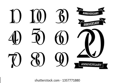 anniversary pictogram icon. Flat design. 10, 20, 30, 40, 50, 60, 70, 80, 90, years birthday label, black and white stamp. Vector illustration. Isolated on white background - Vector