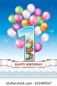 Anniversary postcard 1 year old with balloons on a blue background with ribbon and ornament. Vector illustration