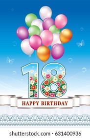 Anniversary postcard 18 years old with balloons on a blue background with ribbon and ornament. Vector illustration