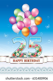 Anniversary postcard 25 years old with balloons on a blue background with ribbon and ornament. Vector illustration