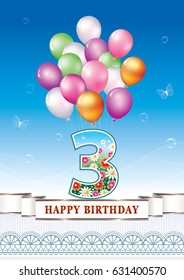 Anniversary postcard 3 years old with balloons on a blue background with ribbon and ornament. Vector illustration