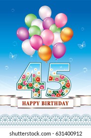 Anniversary postcard 45 years old with balloons on a blue background with ribbon and ornament. Vector illustration