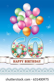 Anniversary postcard 60 years old with balloons on a blue background with ribbon and ornament. Vector illustration