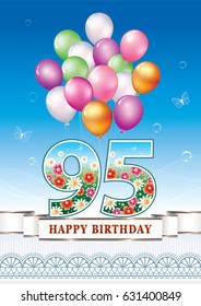 Anniversary postcard 95 years old with balloons on a blue background with ribbon and ornament. Vector illustration