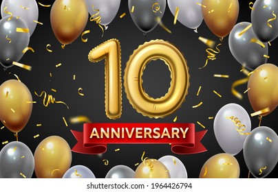 Anniversary poster with golden balloons. 10 wedding day date or jubilee fun celebration with gold balloon numbers and confetti vector banner. Happy event or holiday invitation or greeting
