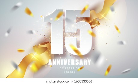 Anniversary premium emblem with golden confetti. Celebration 15th anniversary event party template