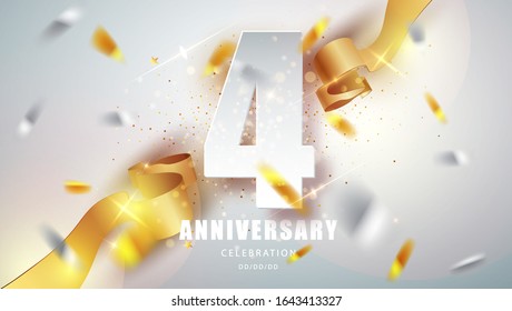 Anniversary premium emblem with golden confetti. Celebration 4th anniversary event party template