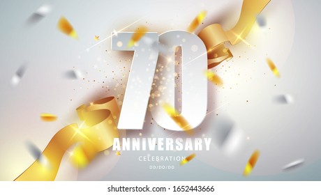 Anniversary premium emblem with golden confetti. Celebration 70th anniversary event party template