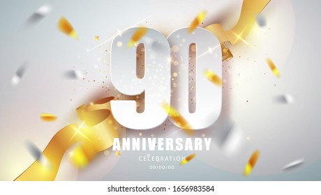 Anniversary premium emblem with golden confetti. Celebration 90th anniversary event party template