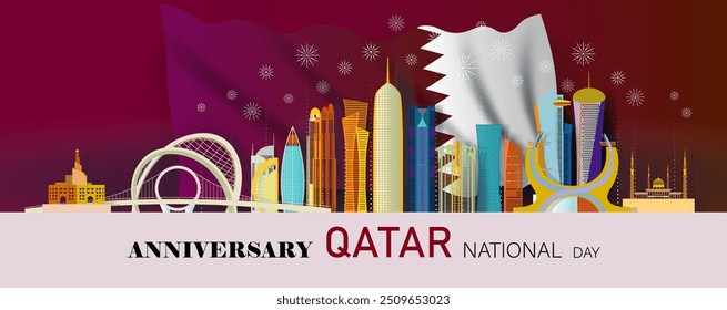 Dia Nacional do Catar em doha. Aniversário e celebração com arquitetura monumento moderno edifício com fundo da bandeira do Catar. Viaje marcos da arquitetura moderna da Ásia.