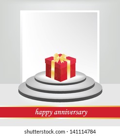 Anniversary. Red gift box. White backdrop in room. vector illustration.