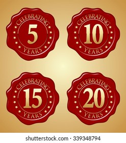 Anniversary Red Wax  Seal  Vector Set 5th, 10th, 15th, 20th