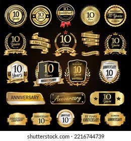 Anniversary retro vintage badges laurels shield metal plates and labels vector illustration 