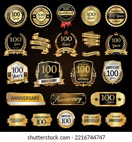 Anniversary retro vintage badges laurels shield metal plates and labels vector illustration 