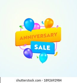 Anniversary Sale Advertising Banner with Typography and Colorful Balloons. Happy Birthday Special Offer, Media Promo Template Design for Shopping Discount. Vector Illustration on White Background