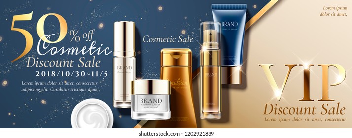Anniversary sale banner ads with set of skin care products on glitterng background in 3d illustration