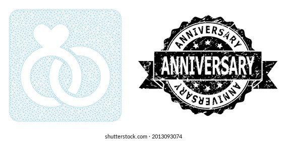 Jubiläum gekratzte Stempelrobbe und Vektor Hochzeitsringe Maschenmodell. Schwarzes Siegel hat Jubiläum-Text in Band und Rosette. Abstrakte flache Hochzeitsringe aus Flachmaschen.