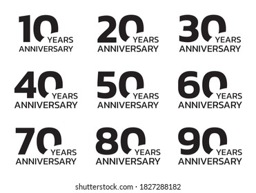 Anniversary set. Birthday badge or logo collection with 10, 20, 30, 40, 50, 60, 70, 80, 90 years celebrating. Vector illustration.