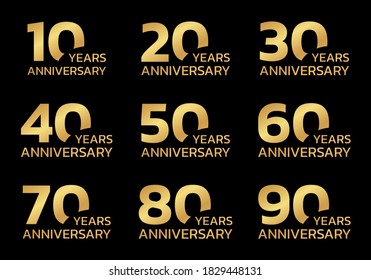 Anniversary set. Birthday golden badge or logo collection with 10, 20, 30, 40, 50, 60, 70, 80, 90 years celebrating. Vector illustration.
