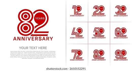 Anniversary set design with double line number. red color for celebration event