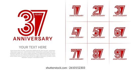 Anniversary set design with double line number. red color for celebration event
