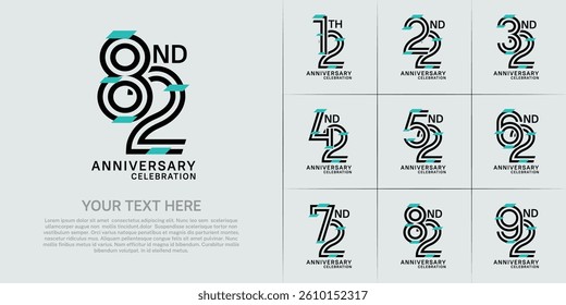 Anniversary set design with double line number. black color with blue confetti for celebration event