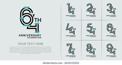 Anniversary set design with double line number. black color with blue confetti for celebration event
