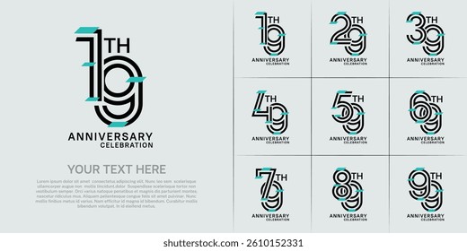 Anniversary set design with double line number. black color with blue confetti for celebration event