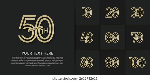 Anniversary set design with double line number. golden color for celebration event