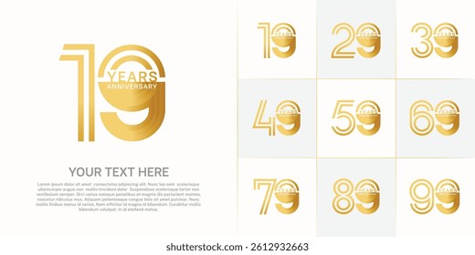 Anniversary set design with double line number. golden color for celebration event