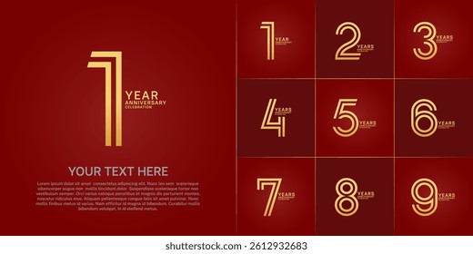 Anniversary set design with double line number. golden color for celebration event