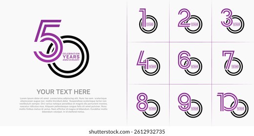 Anniversary set design with double line number. purple and black color for celebration event