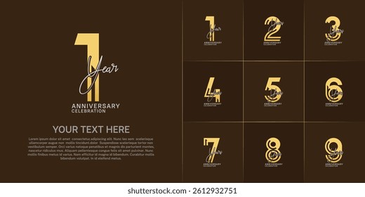Anniversary set design with double line number and handwriting. golden and silver color for celebration event