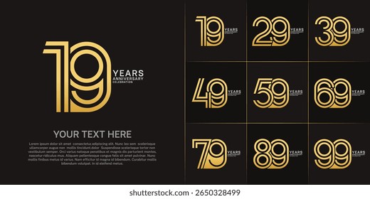 Anniversary set design with double line number. golden and silver color for celebration event