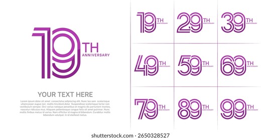Anniversary set design with double line number. purple color for celebration event