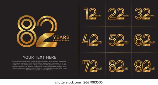 Diseño de conjunto de aniversario con número de línea doble. color dorado para el evento de celebración