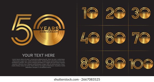 Diseño de conjunto de aniversario con número de línea doble. color dorado para el evento de celebración