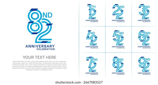 Diseño de conjunto de aniversario con número de línea doble. color azul con confeti para evento de celebración