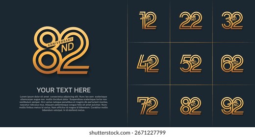 Diseño de conjunto de aniversario con número de línea doble. color dorado para el evento de celebración