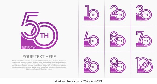 Diseño de conjunto de aniversario con número de línea doble. color púrpura para el evento de celebración