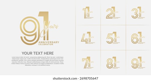 Anniversary set design with double line number and handwriting. golden color for celebration event