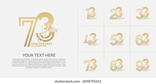 Anniversary set design with double line number and handwriting. golden color for celebration event