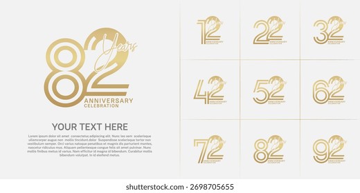 Diseño de conjunto de aniversario con número de línea doble y escritura a mano. color dorado para el evento de celebración