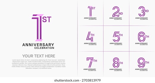 Diseño de conjunto de aniversario con número de línea doble. color púrpura con confeti para evento de celebración
